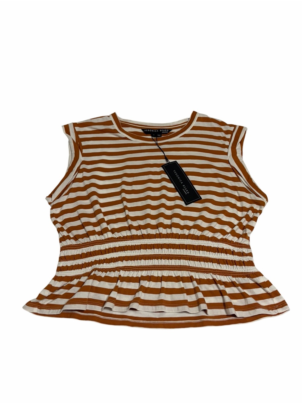 Veronica Beard Cream & Brown Striped Smocked Peplum Tank